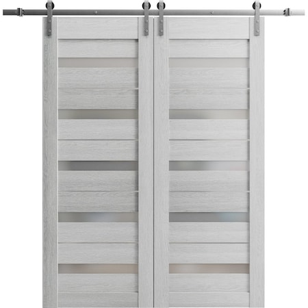 Sartodoors Sturdy Dbl Barn Door 36 x 84in, Light Grey Oak W/ Frosted Glass, SS 13FT Rail Hangers Heavy Set QUADRO4445DB-S-OAK-3684